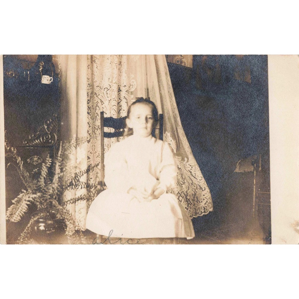 Antique RPPC Real Photo Postcard Young Girl Alice Portrait Lace Curtain Dress